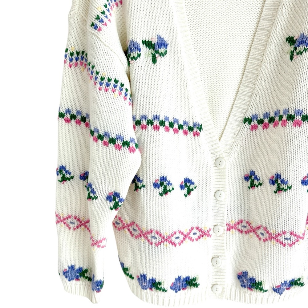 Silvercord Vintage 100% Acrylic Floral Pattern White Long Sleeve Cardigan Size L - Picture 4 of 7